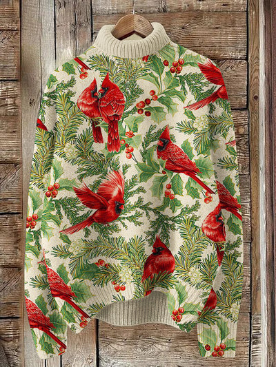 Christmas Red Bird Print Turtleneck Casual Sweater