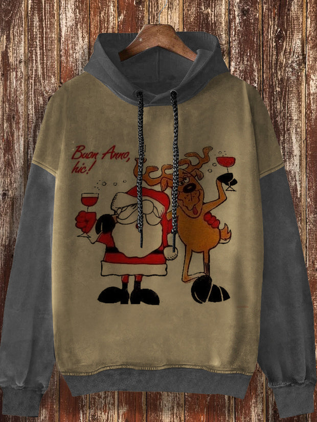 Unisex Christmas cartoon elderly with reindeer print fashionable loose casual retro long sleeved hooded sweatshirt