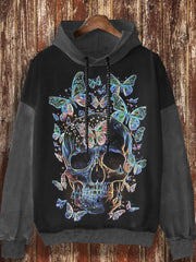 Unisex skull butterfly print fashionable loose casual retro long sleeved hooded sweatshirt