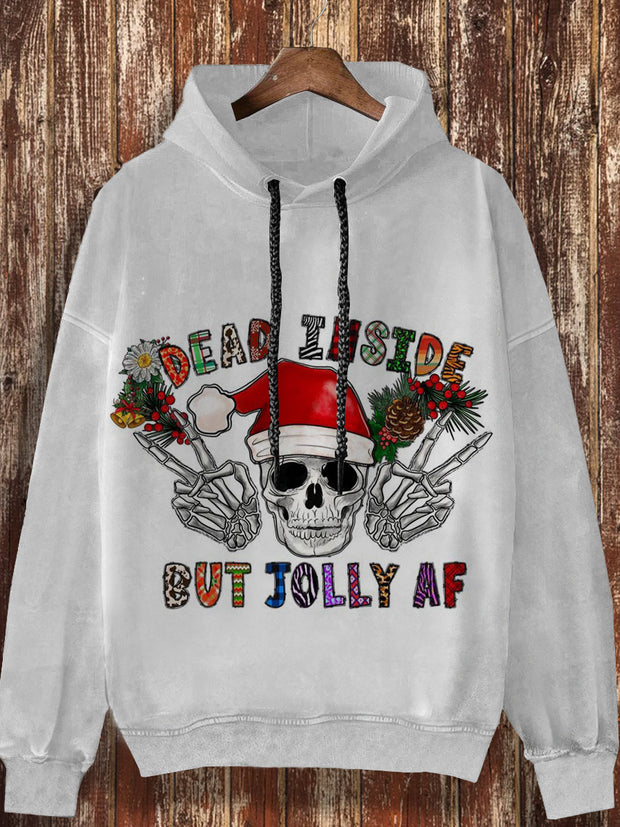 Unisex Christmas skull print fashionable loose casual retro long sleeved hooded sweatshirt