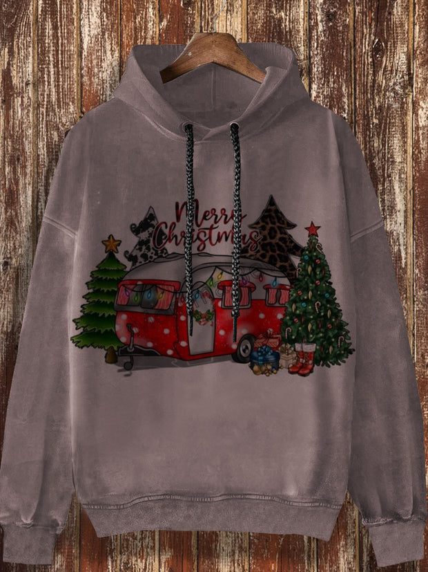 Unisex Christmas car print fashionable loose casual retro long sleeved hooded sweatshirt