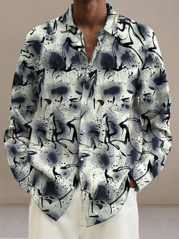 Men's Abstract Art Design Retro Printed Casual Fashion Collar Shirt Long Sleeve