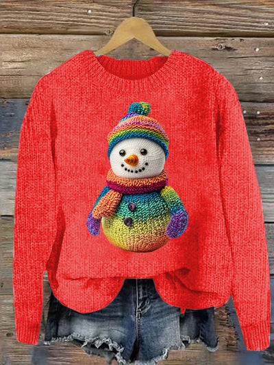 Cute Snowman Printed Crew Neck Retro Fashion Loose Long Sleeved Sweatshirt