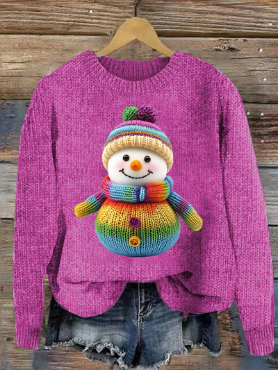 Cute Snowman Printed Crew Neck Retro Fashion Loose Long Sleeved Sweatshirt