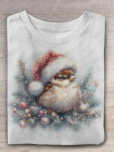 Christmas Cute Bird Print Casual T-Shirt