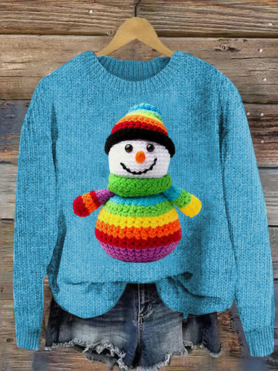 Cute Snowman Printed Crew Neck Retro Fashion Loose Long Sleeved Sweatshirt