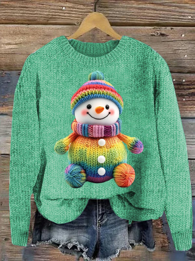 Cute Snowman Printed Crew Neck Retro Fashion Loose Long Sleeved Sweatshirt