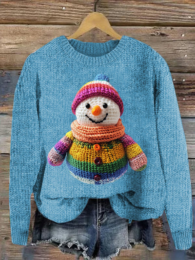 Cute Snowman Printed Crew Neck Retro Fashion Loose Long Sleeved Sweatshirt