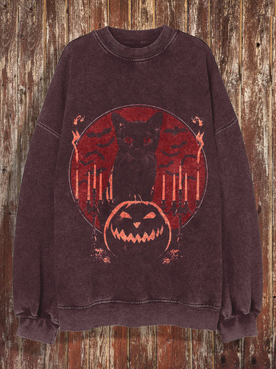 Cat retro printed round neck casual loose long sleeved sweatshirt