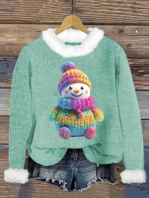 Cute Snowman Printed Crew Neck Retro Fashion Loose Long Sleeved Hairy Sweatshirt