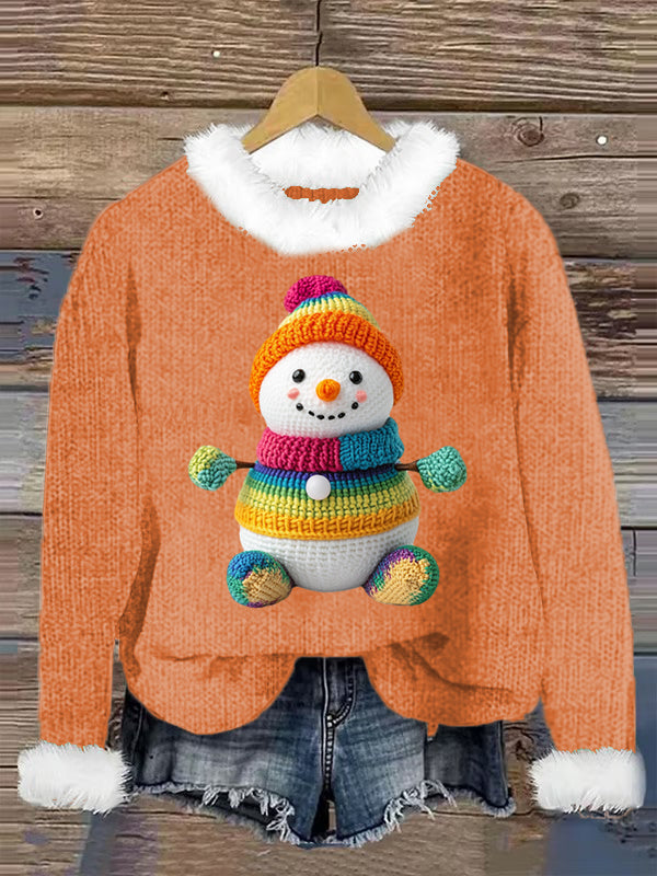 Cute Snowman Printed Crew Neck Retro Fashion Loose Long Sleeved Hairy Sweatshirt