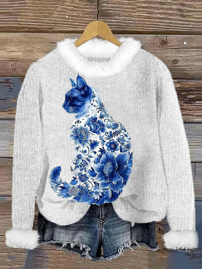 Cute Cat Printed Crew Neck Retro Fashion Loose Long Sleeved Hairy Sweatshirt