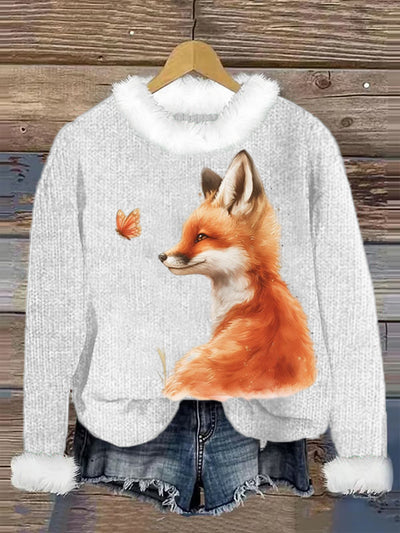 Cute Fox Printed Crew Neck Retro Fashion Loose Long Sleeved Hairy Sweatshirt