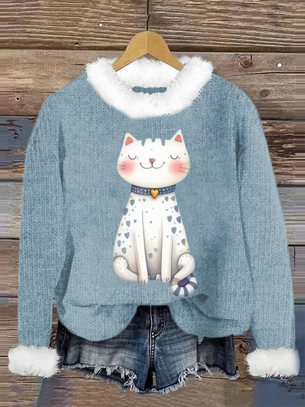 Cute Cat Printed Crew Neck Retro Fashion Loose Long Sleeved Hairy Sweatshirt