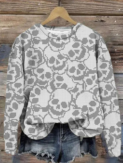 Skeleton Mosaic Printed Crew-Neck Retro Fashion Loose Long Sleeved Sweatshirt