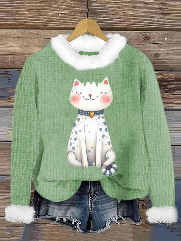 Cute Cat Printed Crew Neck Retro Fashion Loose Long Sleeved Hairy Sweatshirt