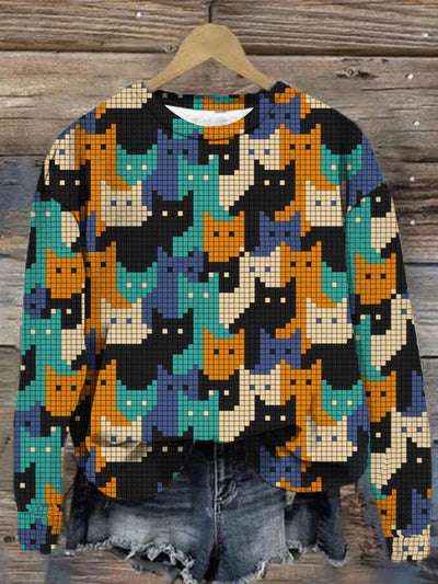 Cute Cat Mosaic Printed Crew-Neck Retro Fashion Loose Long Sleeved Sweatshirt