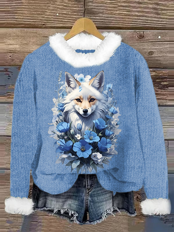 Cute Fox Printed Crew Neck Retro Fashion Loose Long Sleeved Hairy Sweatshirt