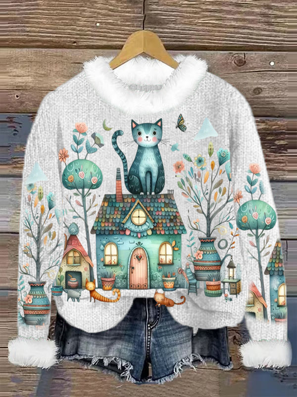 Cute Cat Printed Crew Neck Retro Fashion Loose Long Sleeved Hairy Sweatshirt