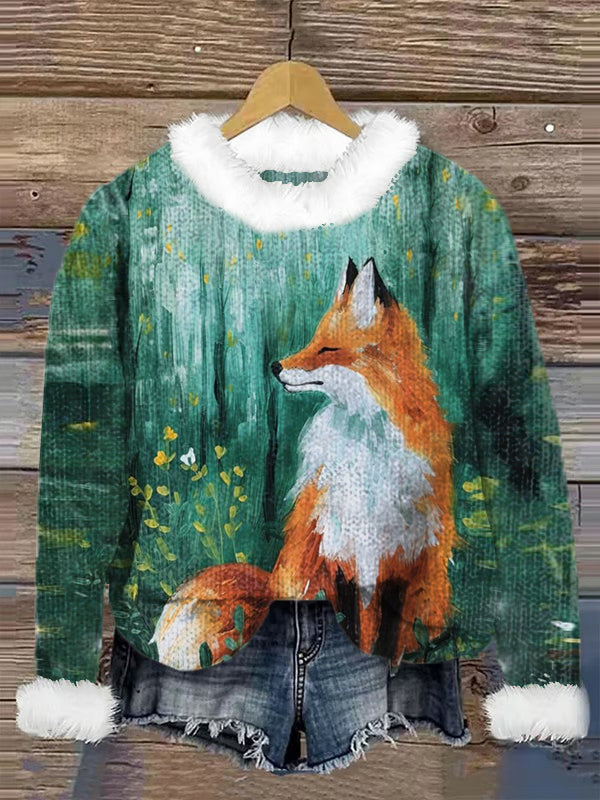 Cute Fox Printed Crew Neck Retro Fashion Loose Long Sleeved Hairy Sweatshirt