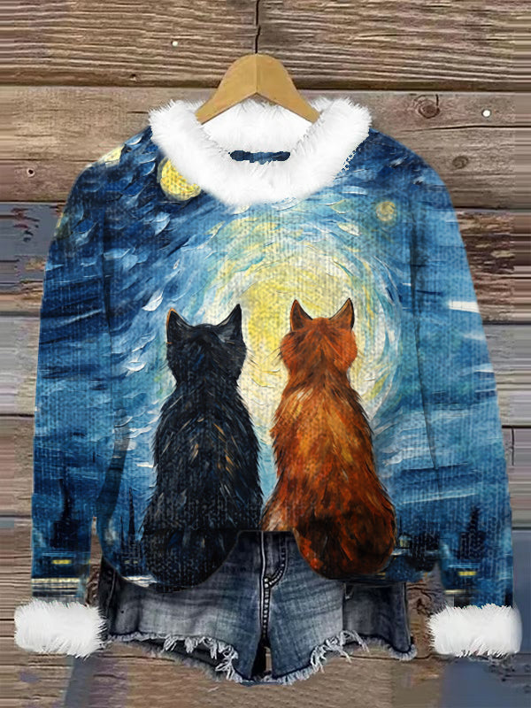 Cute Cat Printed Crew Neck Retro Fashion Loose Long Sleeved Hairy Sweatshirt