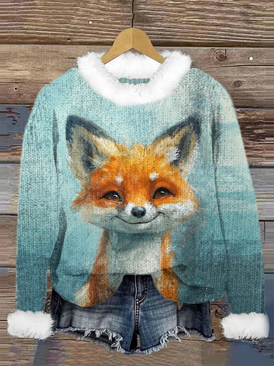 Cute Fox Printed Crew Neck Retro Fashion Loose Long Sleeved Hairy Sweatshirt