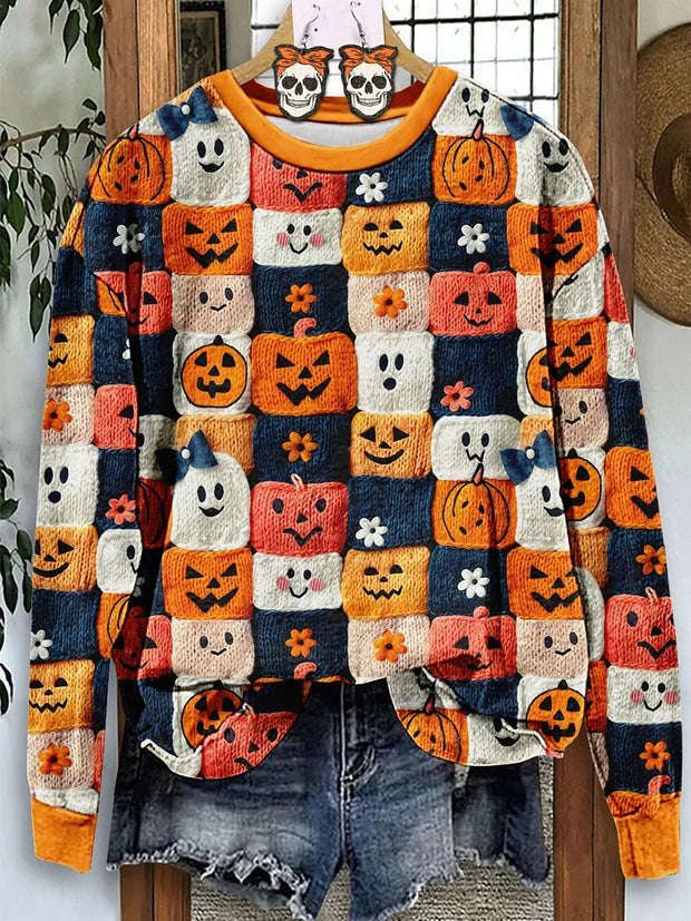 Halloween Pumpkin Printed Crew Neck Retro Fashion Loose Long Sleeved Sweatshirt