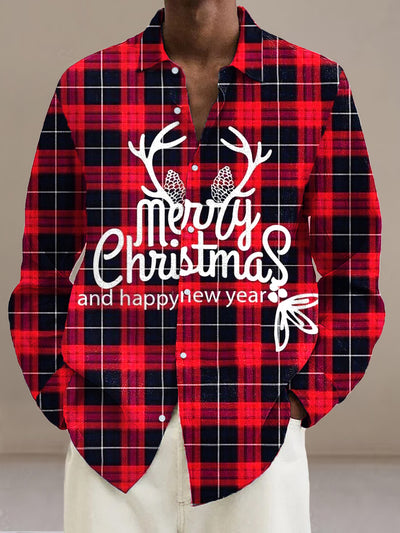 Men's Christmas Red Plaid Monogram Long Sleeve Shirt