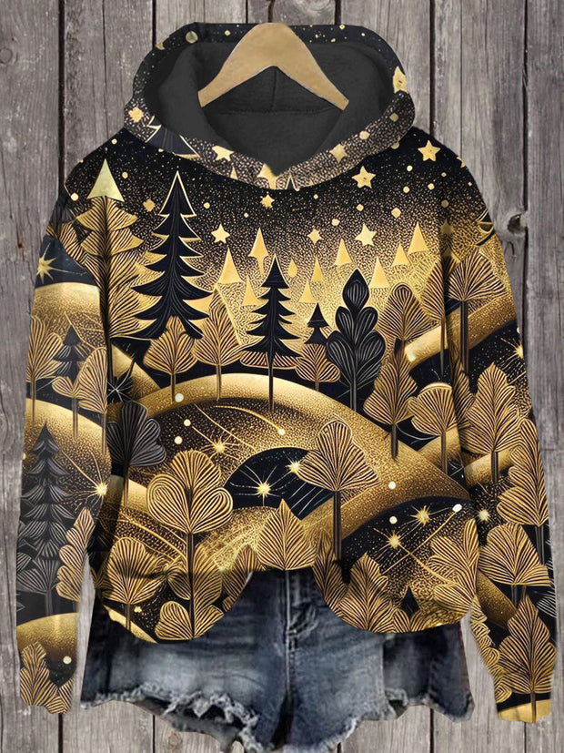 Unisex Gold Abstract Christmas Tree Print Casual Hooded Sweatshirt