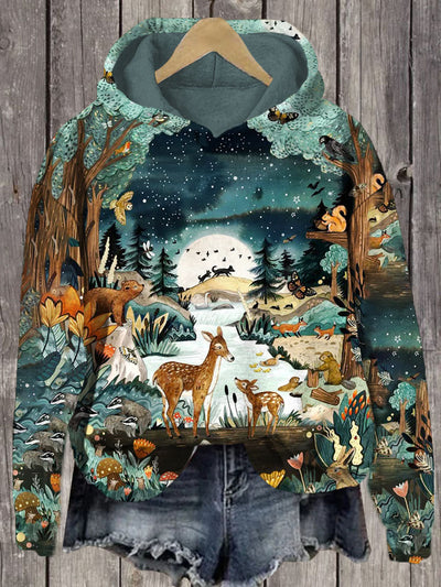 Unisex Forest Animals Print Casual Hooded Sweatshirt