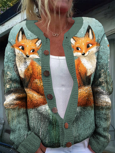 Women's Cute Fox Printed Button Long Sleeved Casual Coat