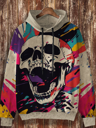 Unisex skull graffiti design printed casual retro long sleeved hooded sweatshirt