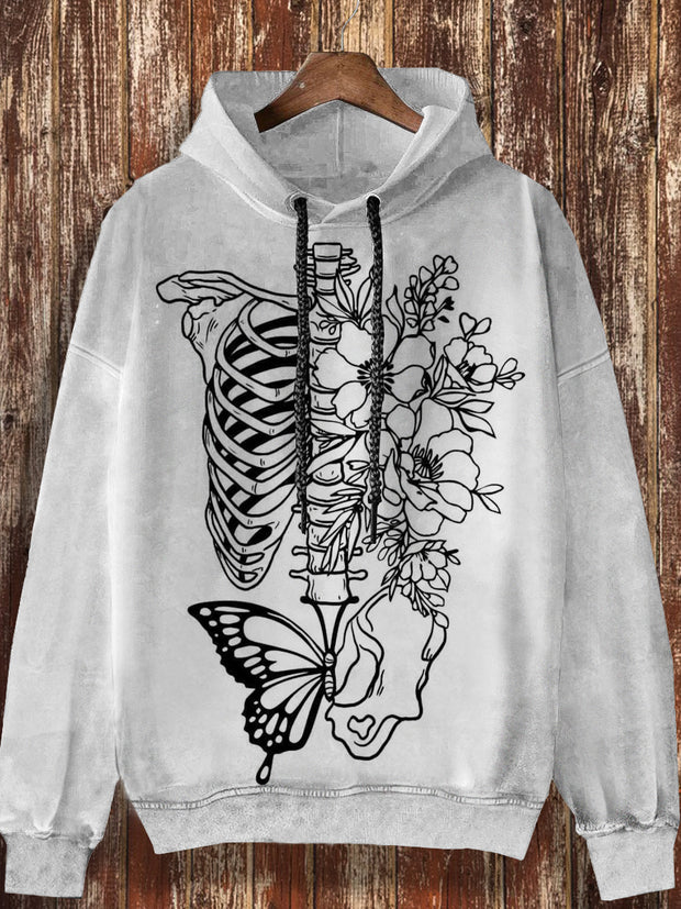 Unisex skull butterfly print casual retro long sleeved hooded sweatshirt