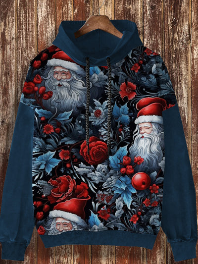 Unisex Christmas rose and Santa Claus print casual retro long sleeved hooded sweatshirt