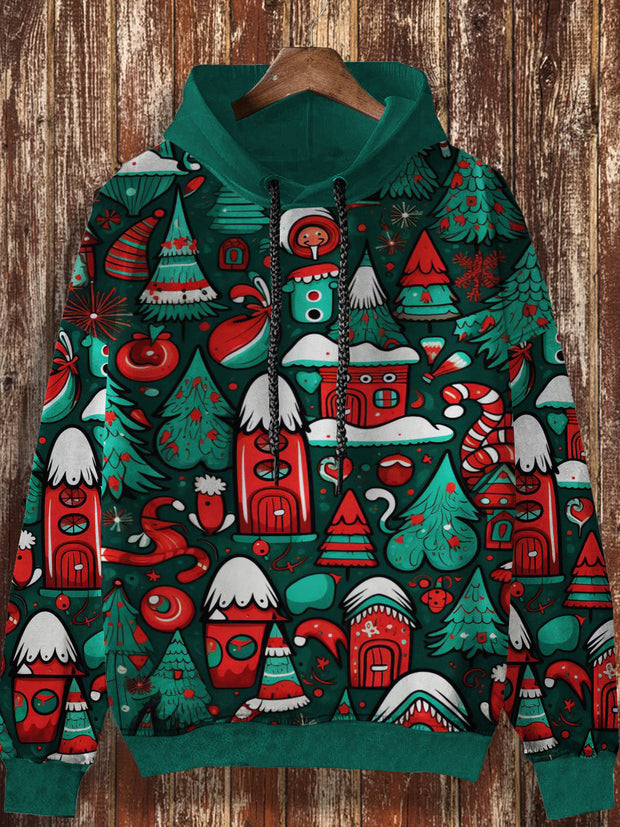 Unisex Christmas art print casual retro long sleeved hooded sweatshirt