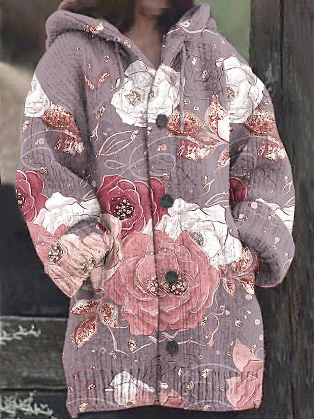 Women's Breast Cancer Flower Printed Crew-Neck Retro Fashion Loose Long Sleeved Jacket