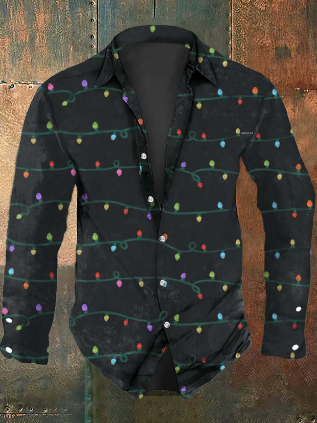 Men's Christmas Lights Printed Casual Long Sleeve Shirt