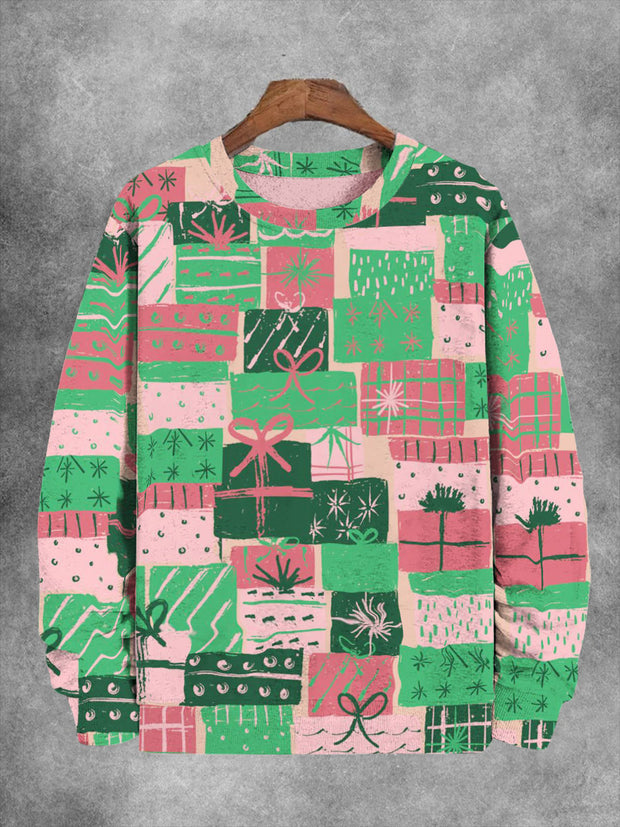 Unisex Pink And Green Check Line Doodles Print Long Sleeve Sweatshirt