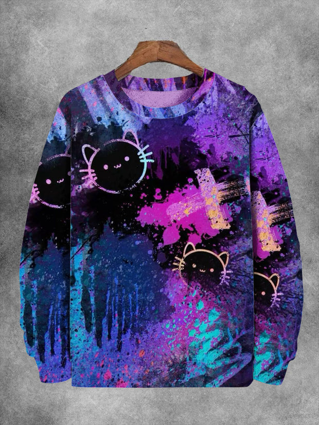 Unisex Colorful Purple Cat Doodle Print Long Sleeve Sweatshirt