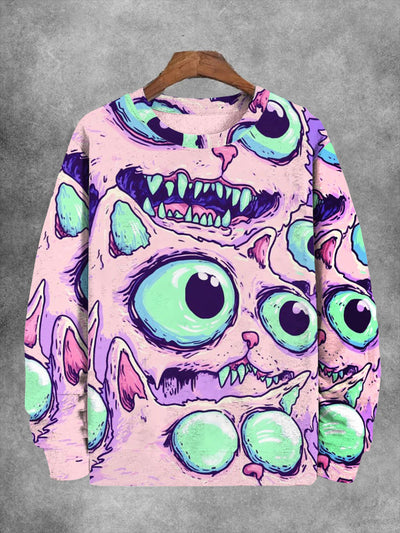 Unisex Abstract Big-Eyed Cat Print Long Sleeve Sweatshirt