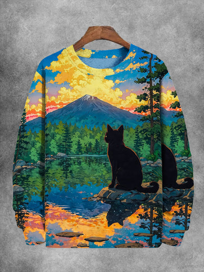 Unisex Mountain Lakes And Cat Print Long Sleeve Sweatshirt