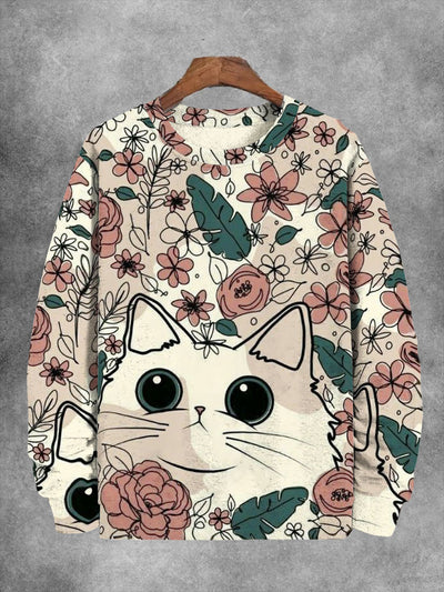 Unisex Cat And Flowers Print Long Sleeve Sweatshirt