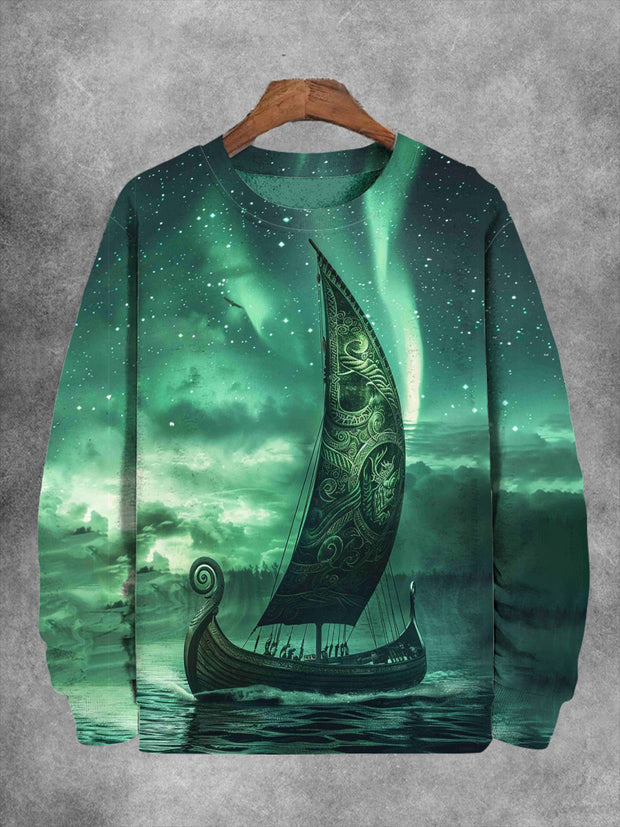 Unisex Aurora Viking Ship Print Casual Sweatshirt