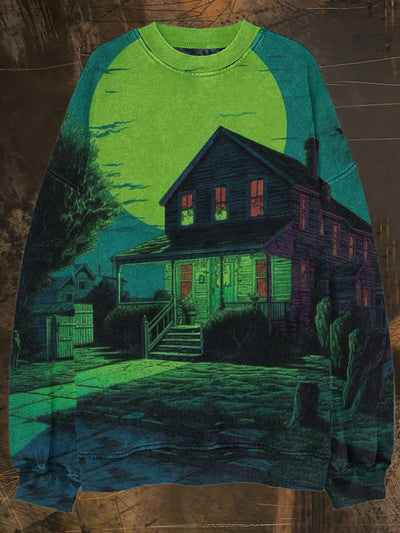 Unisex Haunted House Print Halloween Crew Neck Casual Sweatshirt