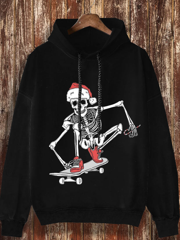 Unisex Christmas skull print casual retro long sleeved hooded sweatshirt