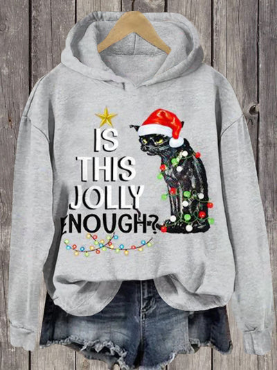 Unisex Christmas Cat Print Long Sleeve Hoodie