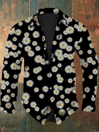 Men's vintage daisy pattern art print casual fashion lapel long sleeved shirt