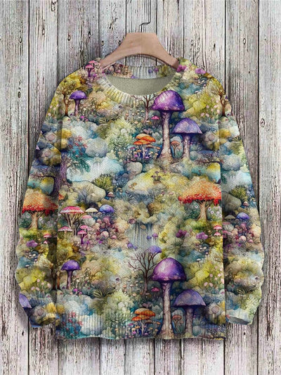 Unisex Mushroom Print Casual Crew Neck Sweater