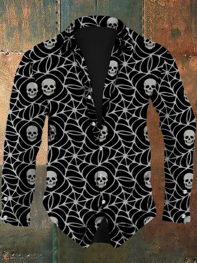 Men's skull retro pattern art print casual fashion lapel long sleeved shirt