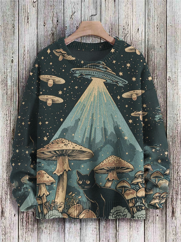 Unisex Cat and Mushroom Print Casual Crew Neck Sweater